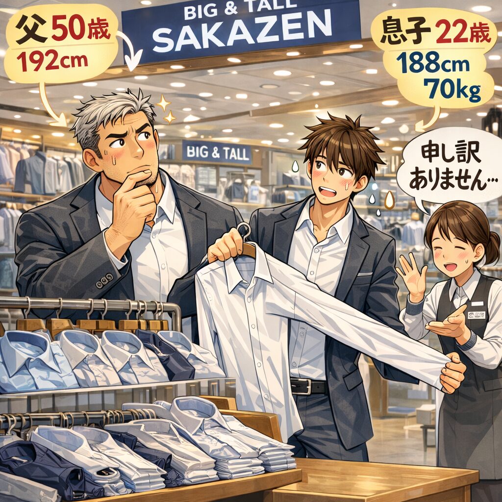 「サカゼンの店内で、50歳で身長192cmの父と、22歳で身長188cm・体重70kgの細身の息子がワイシャツ売り場を見ているイラスト。息子は白いワイシャツを広げて長さを確かめながら困った表情をしており、父もあごに手を当てて考え込んでいる。横では店員が申し訳なさそうに案内している。」