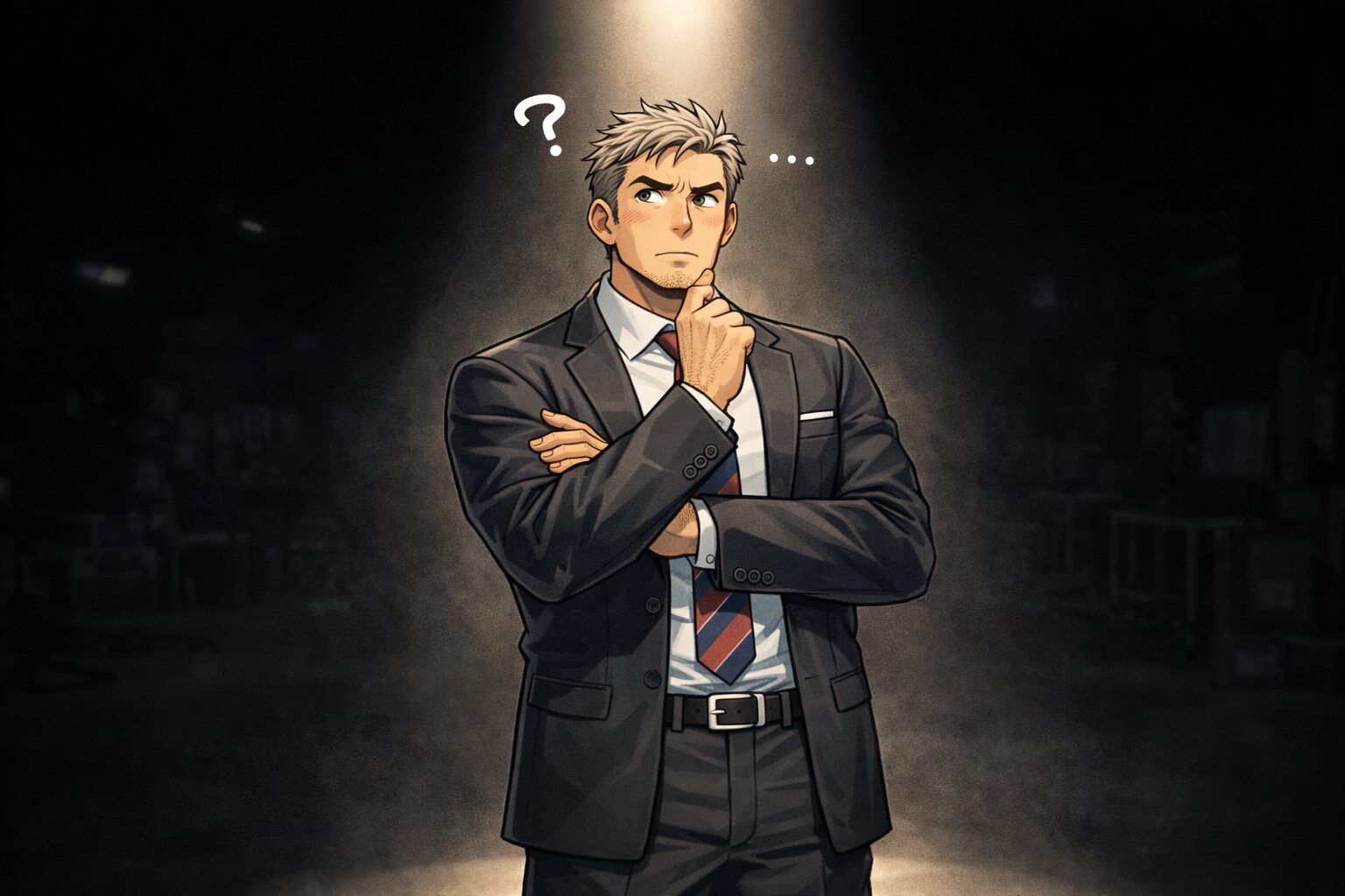 「暗いスタジオの中でスポットライトを浴びた身長192cmのがっしりした父親が、腕を組みながら首をかしげて考え込んでいるイラスト。周囲は真っ暗で、父親の表情は『高身長でよかったことは何だろう』と悩んでいる様子を表している。」