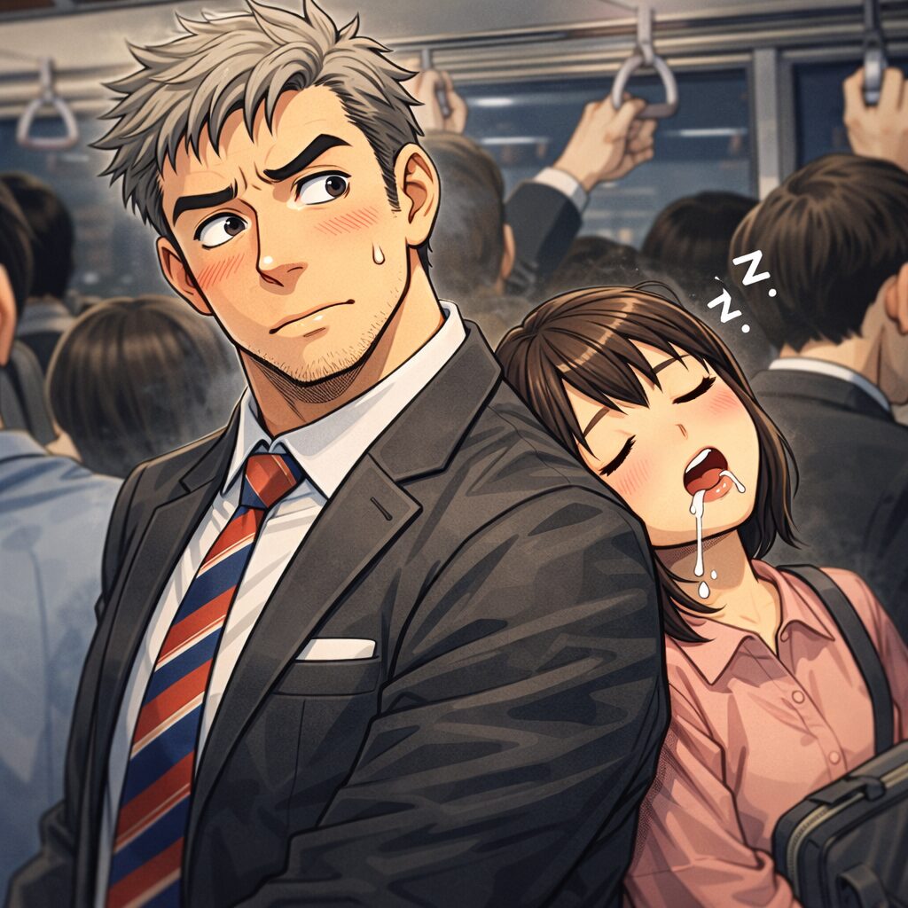 「満員電車の中で身長192cmの大きな男性の背中に寄りかかり、よだれを垂らしながら眠ってしまっている身長150cmほどの若い女性のイラスト。男性は首だけ後ろに振り返り、自分の背中を枕にされている状況に苦笑いしている。」