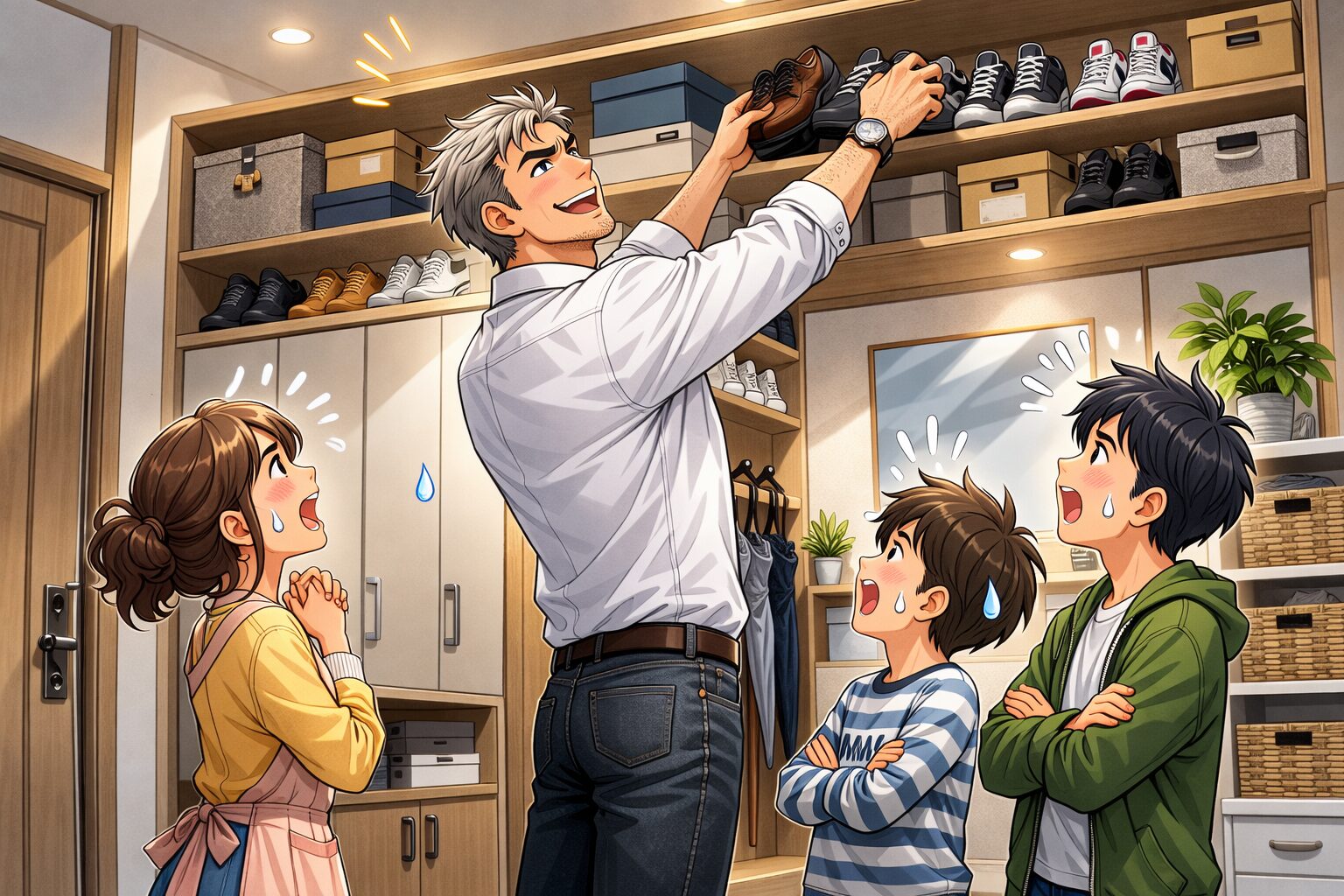 「自宅の玄関の壁面収納で、身長192cmの細マッチョのお父さんが天井近くの高い棚から靴を出し入れしているイラスト。隣では身長148cmの奥さん、小学生の次男、中学生の長男が驚いた表情で見上げており、家族の中でお父さんだけが一番上の棚に手が届く様子が描かれている。」
