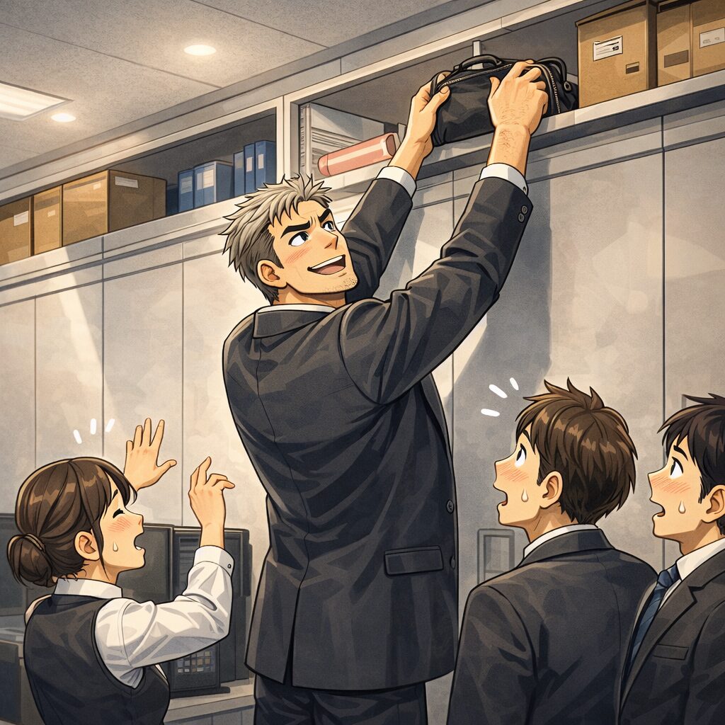 「会社の事務所で、身長192cmの細マッチョの男性が壁面収納の天井近くにある高い棚から荷物を出し入れしているイラスト。周囲には身長160cm〜170cmほどの同僚たちが驚いた表情で見上げており、誰も手が届かない棚を男性だけが楽に使えている様子が描かれている。」