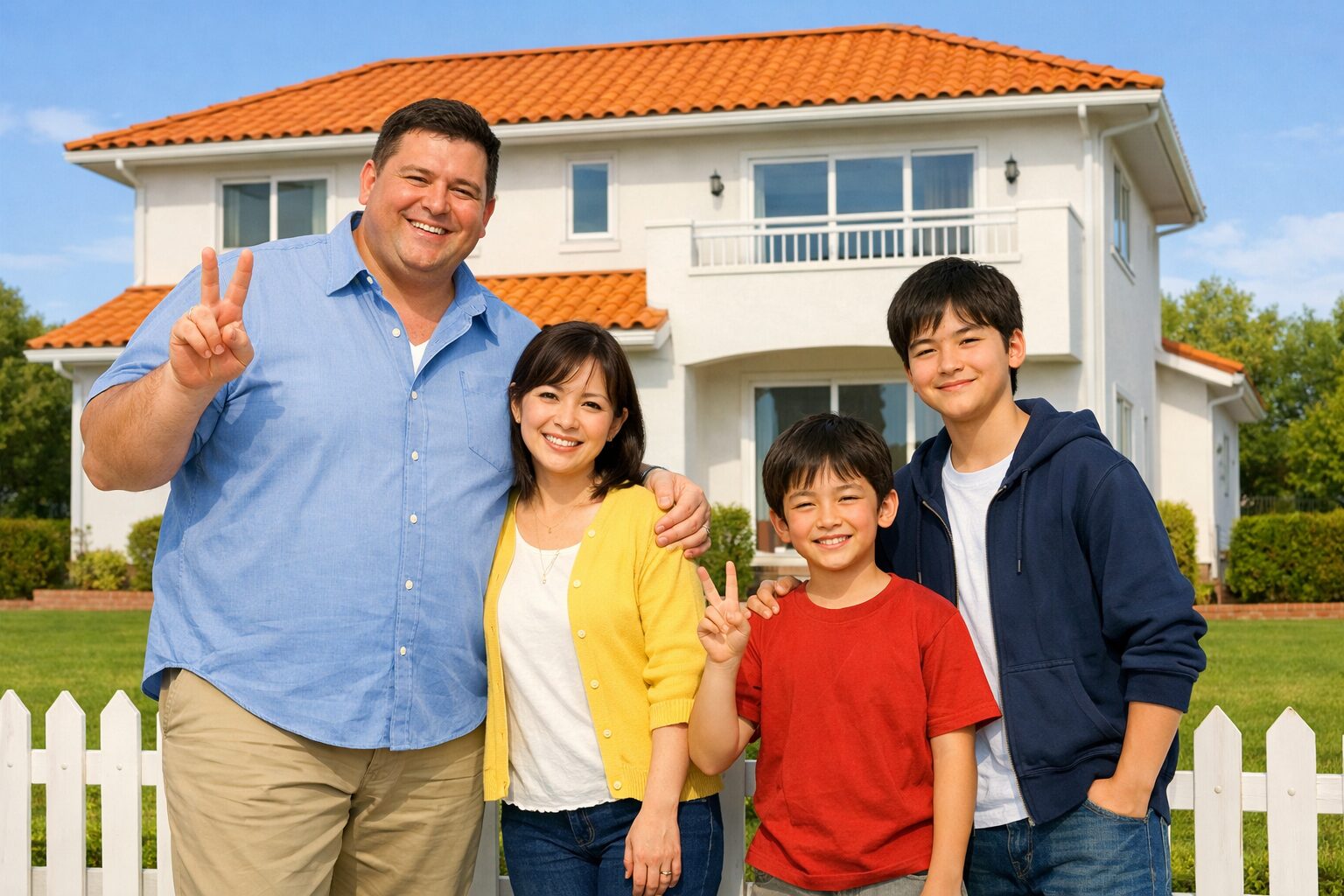 身長192cm体重115kgのおもリッチ父さんと小柄な奥さん、2人の息子が、新築の白い家とオレンジ屋根の洋風住宅を背景に庭の芝生の前で記念写真を撮っている家族のイラスト