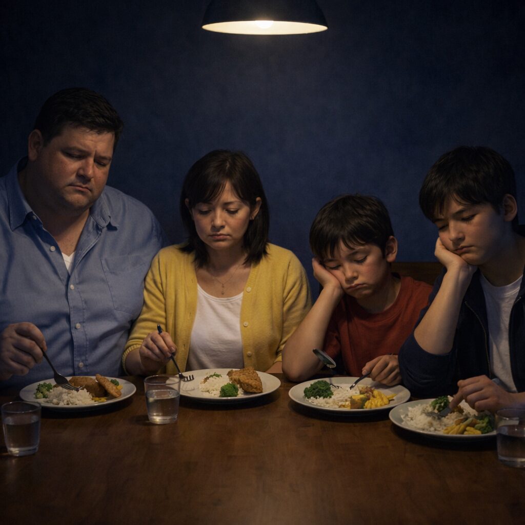 濃い青色の壁紙のダイニングで、薄暗い照明の下、身長192cmの父親と小柄な母親、2人の息子の4人家族が元気なく夕食を食べている様子。ダイエットには食欲を抑える効果があるらしい!