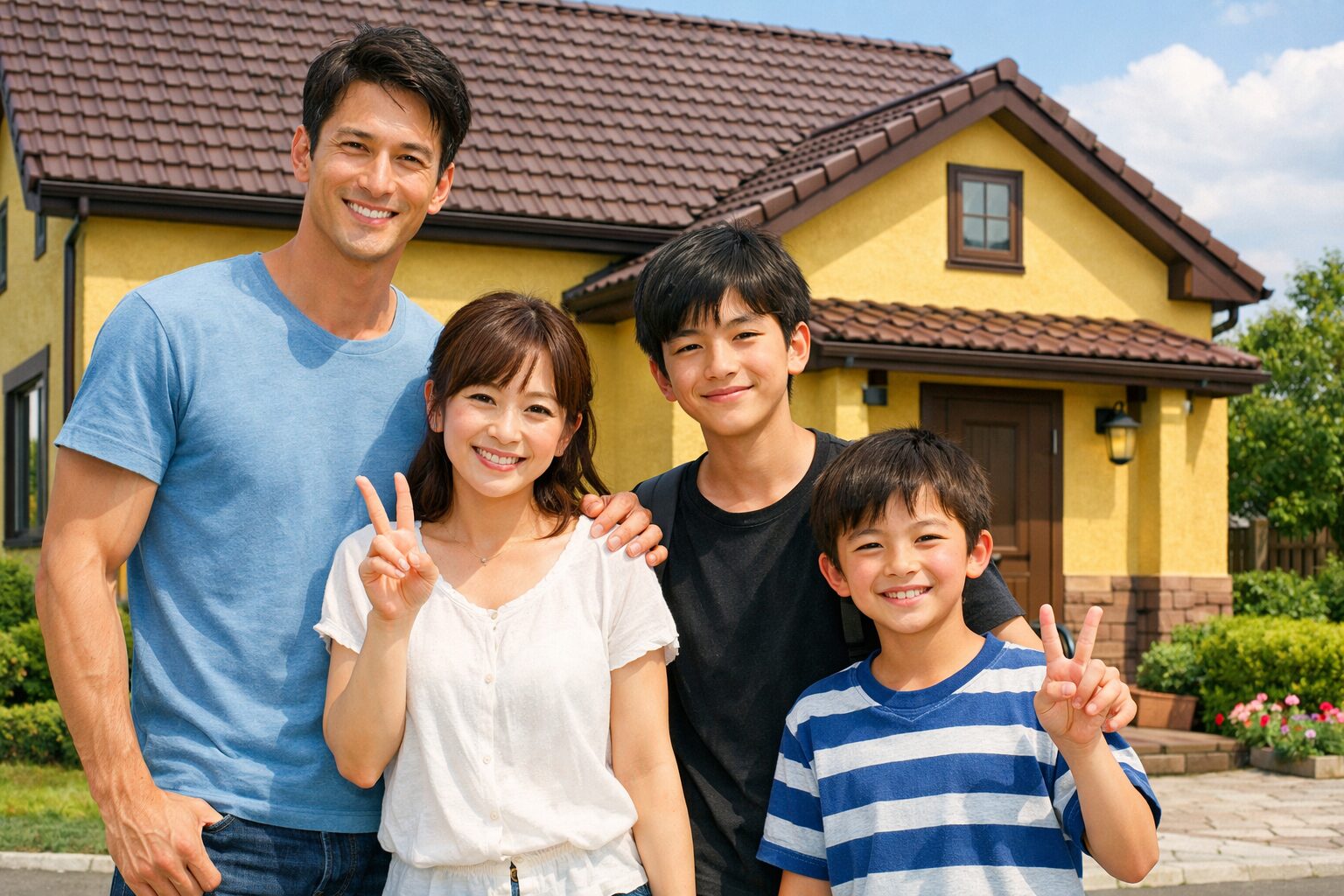 黄色い外壁と濃い茶色の屋根瓦・窓枠の新築住宅の前で、身長192cmの細マッチョの45歳のお父さんと、身長148cmの小柄な奥さん、中学1年生の長男、小学5年生の次男の4人が並び、マイホーム完成を記念して笑顔で写真を撮っている様子。