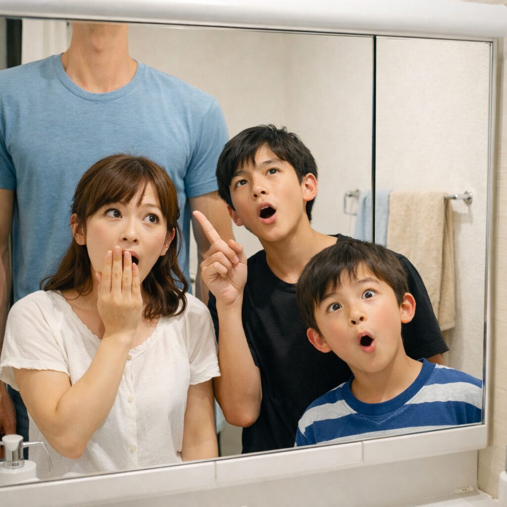 洗面所の洗面化粧台の鏡の前に立った家族4人。身長192cmのお父さんだけ鏡に顔が映らず、首から下しか見えないことに気づき、身長148cmの奥さんと中学生・小学生の息子たちが驚いた表情で上を見上げている様子。