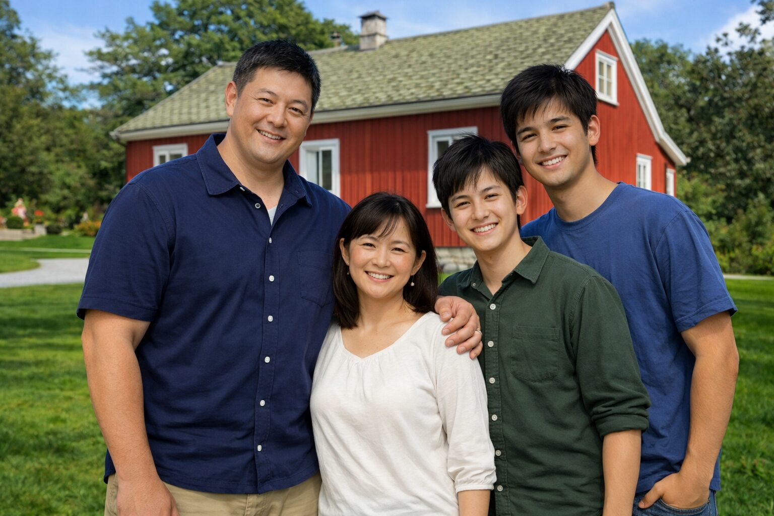 赤い外壁の一軒家の前で、身長192cmの父親と高身長の息子2人、小柄な母親が中心に立ち、家族4人で笑顔の記念写真を撮っている様子