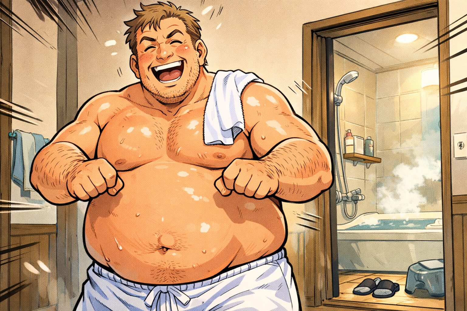 陽気なオーバーサイズ体型の50歳男性が、タオルを肩にかけたまま笑顔で風呂場へ向かっている。蒸気が立ち込める浴室の前で、これから入浴しようとしている様子が描かれている。