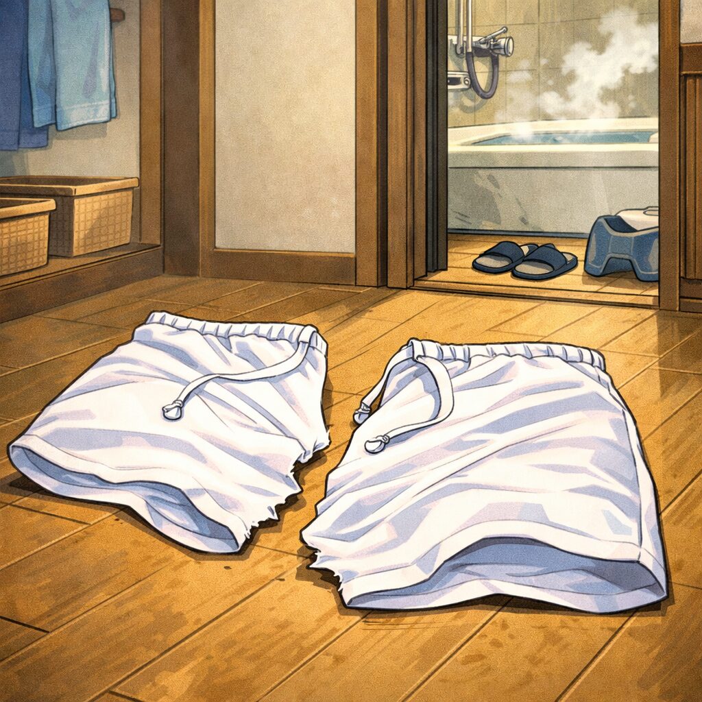 脱衣所の木の床に、真っ二つに裂けた白いパンツが左右に分かれて落ちている。奥には湯気の立つ浴室が見え、直前に起きた出来事を想像させるコミカルなシーン。