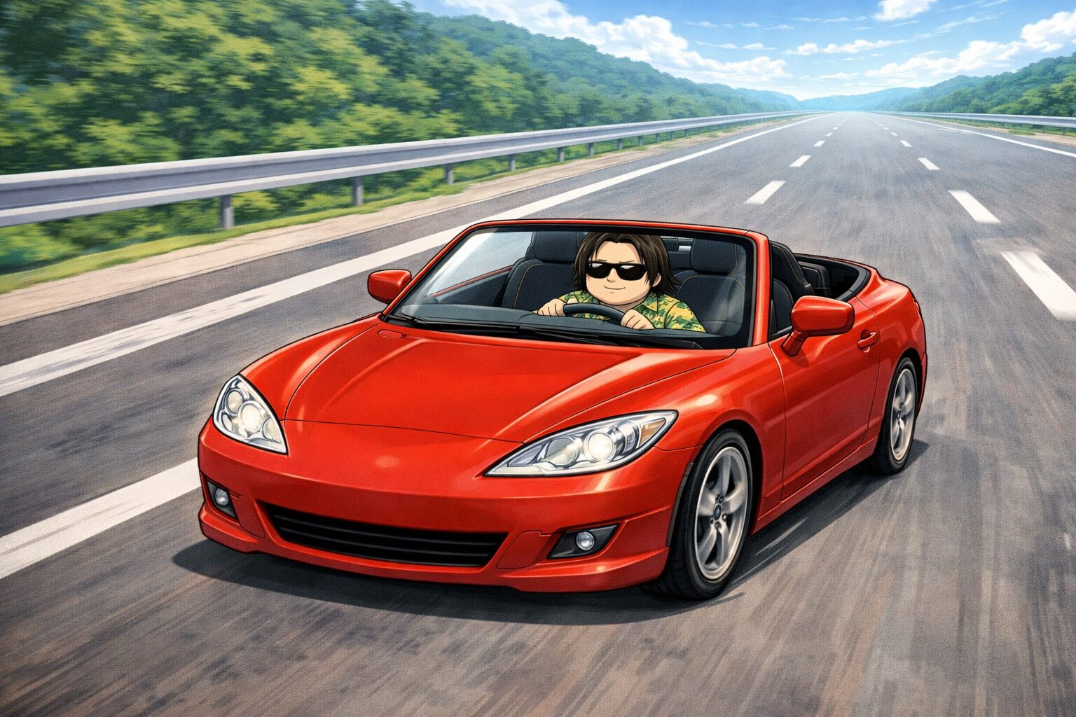高速道路を走る赤いオープンカーを運転する小柄な男性の頭がフロントガラスより低く、走行中でも髪の毛がまったく風になびいていない様子を描いたコミカルなシーン。