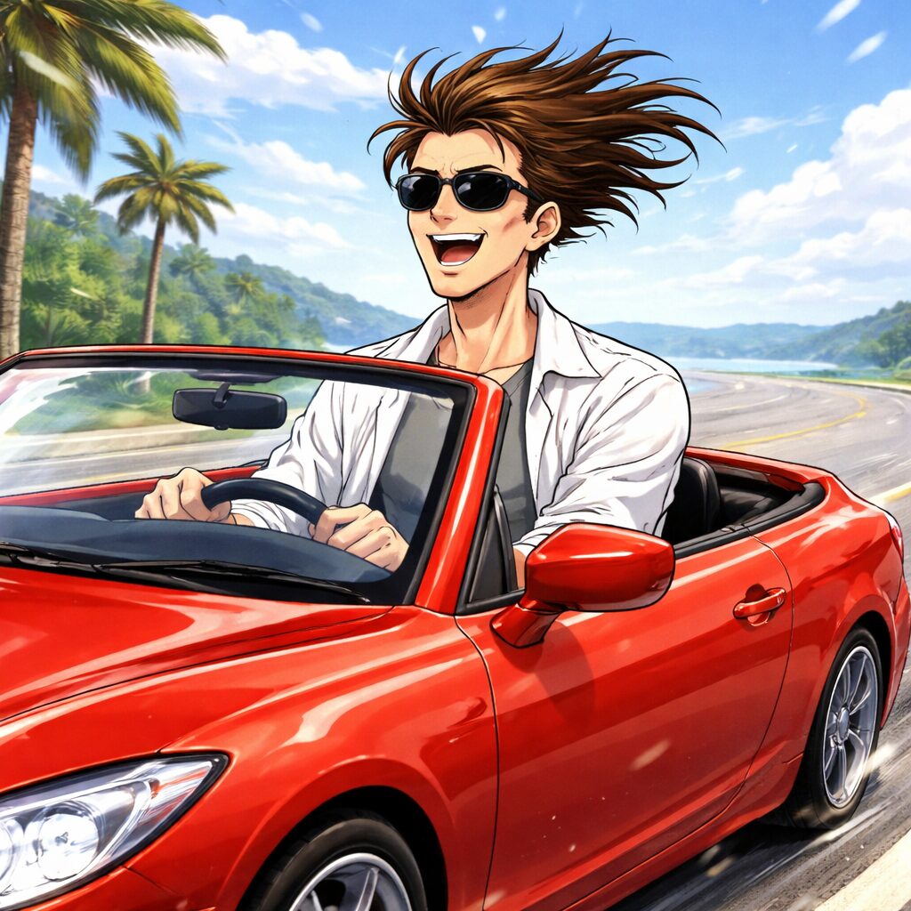 赤いオープンカーを運転する長身の男性の頭がフロントガラスより大きくはみ出しており、走行中の風で髪の毛が激しくなびいているコミカルなシーン。