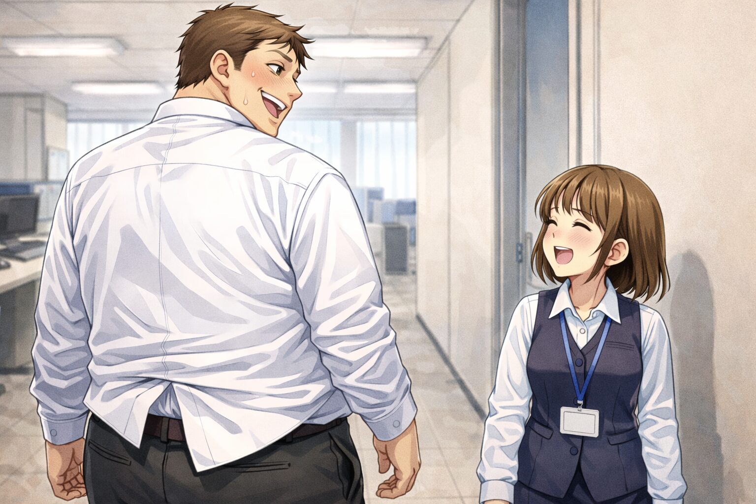 会社の廊下ですれ違う大柄な男性と小柄な女性事務員が、笑顔で挨拶を交わしている様子。まだ男性のワイシャツの背中が飛び出していることに気づいていない、ほほえましい瞬間を描いたシーン。