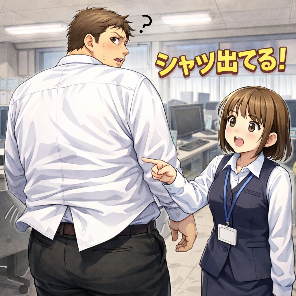 会社の事務所で、大柄な男性のワイシャツの背中がズボンから大きくはみ出している様子を、小柄な女性事務員が指さして教えているコミカルなシーン。男性は首だけ振り返って自分の背中を確認している。