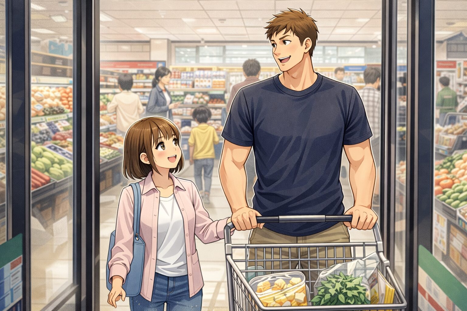 混雑したスーパーに入店する高身長の男性と小柄な女性の夫婦。男性がカートを押し、女性が楽しそうに見上げながら会話している、身長差が際立つほほえましいシーン。