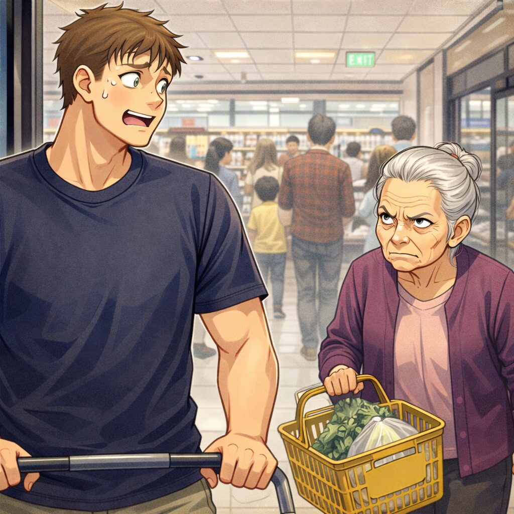 混雑したスーパーの入口でカートを押す高身長の男性が、買い物かごを手に持った年配の女性に鋭く睨まれて青ざめているコミカルなシーン。体格差が大きいのに、男性のほうが圧に負けて震え上がっているような表情をしている。