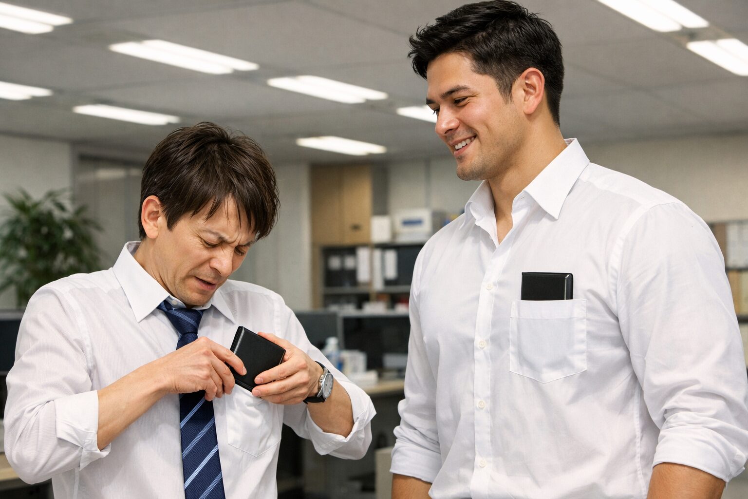 会社の事務所内で、細身の男性が黒い手帳をYシャツの胸ポケットに入れようとしているがサイズが合わず苦戦している一方、隣の体格の大きい男性は同じ手帳を余裕で胸ポケットに収めている様子を描いた写真
