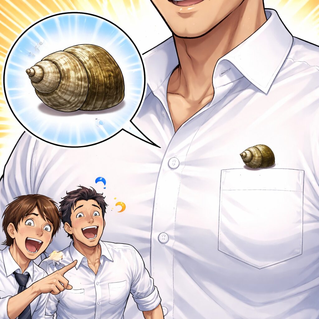 体の大きな男性が白いYシャツの胸ポケット付近にサザエをくっつけているが、周囲からは小さく見えてタニシのように見えてしまい、驚く同僚たちが指を差している様子を描いたイラスト