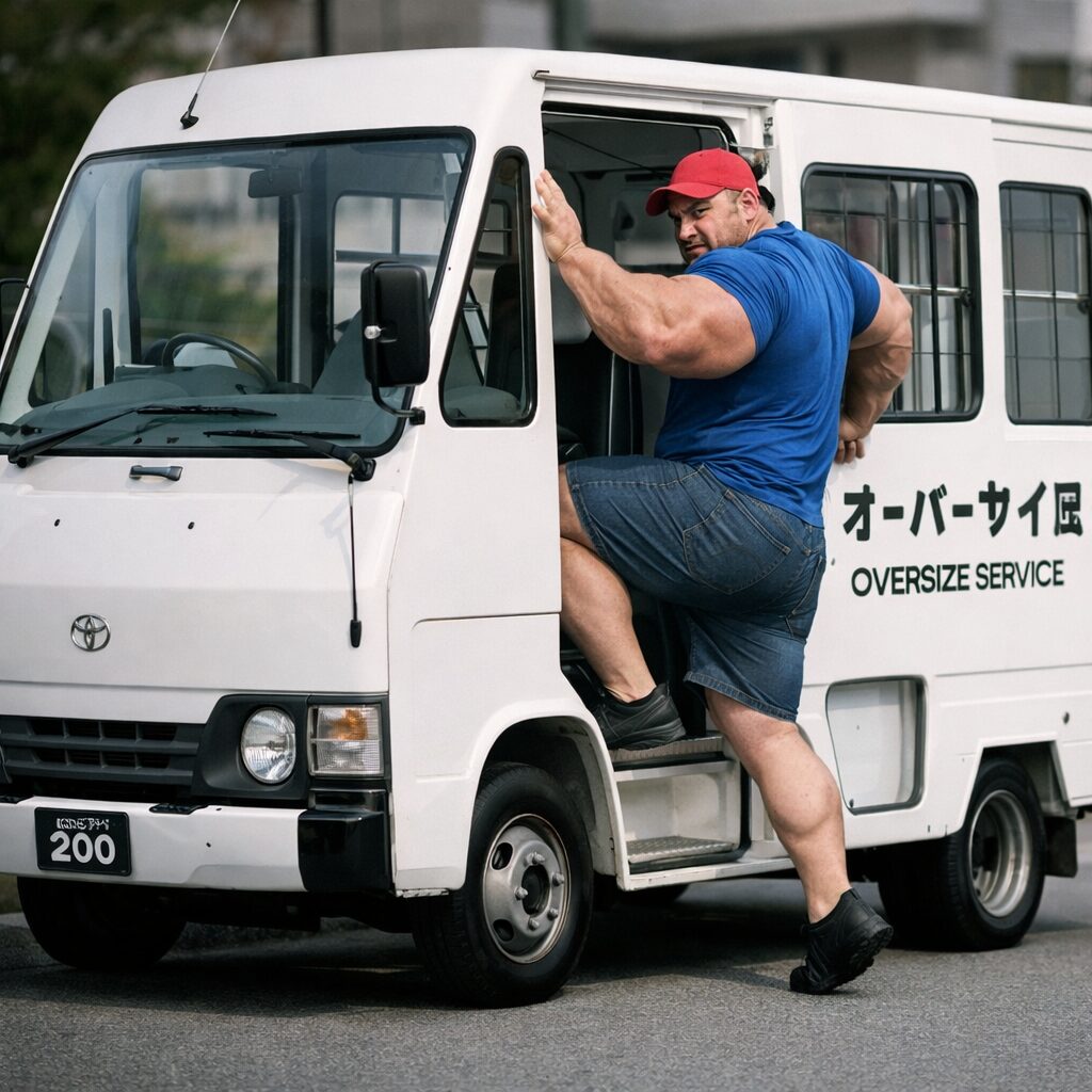 身長192cm・胸囲123cmのマッチョなオーバーサイズ倶楽部のタッカーズ父さんが、「オーバーサイズ便」と書かれた宅配車の後部スライドドアに足を掛けて乗り込もうとしている様子。広そうな車でも体格の大きさでギリギリな迫力あるシーン。