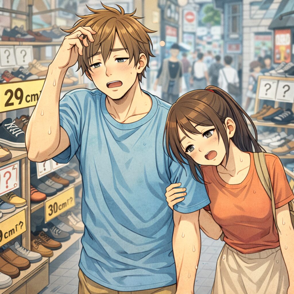 身長192cmの細身の青年と身長148cmの女性が、街中の靴屋を何軒も回った末に疲労困憊の様子で歩いている漫画風イラスト。青年は汗をかきながら頭を押さえ、女性はぐったりと寄り添っており、長時間の靴探しで完全に疲れ切っている様子が描かれている。