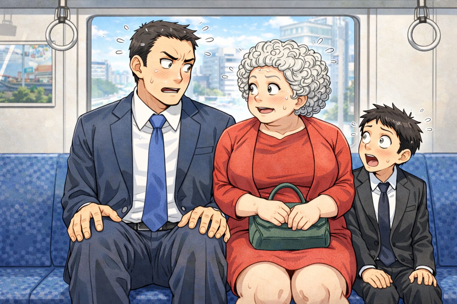 電車の3人掛けシートに座る、身長192cm・座高の高い55歳の男性と、隣に座った白髪でクルクルパーマの小太りの女性が、互いに顔を向けたときに目線の高さがほぼ同じで驚いている様子のギャグ漫画風イラスト。さらに隣に座る細身の若い男性は座高が低く、二人を見上げながら驚いている。