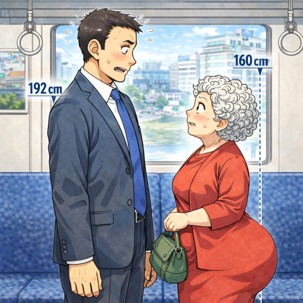 電車内で立ち上がった身長192cmの男性と身長160cmの女性が向かい合い、座っていたときは目線がほぼ同じだったのに、立つと女性の目線が男性の胸ポケット付近まで下がり、身長差に驚いている様子のギャグ漫画風イラスト。女性は大きなお尻が強調された体型で、二人とも驚いた表情をしている。