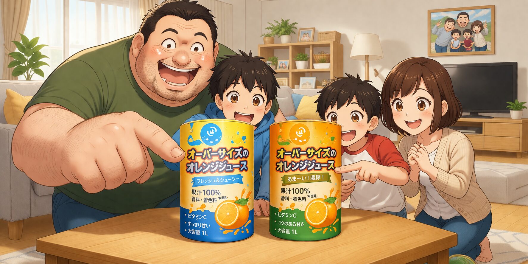 自宅のリビングで、身長192cm・体重115kgの大柄な父親と、小学生の男の子2人、身長148cmの母親がテーブルを囲み、円柱型の「オーバーサイズのオレンジジュース」を指さして楽しそうにしている様子。父親の太く大きな指がジュースを指しているのが特徴的。