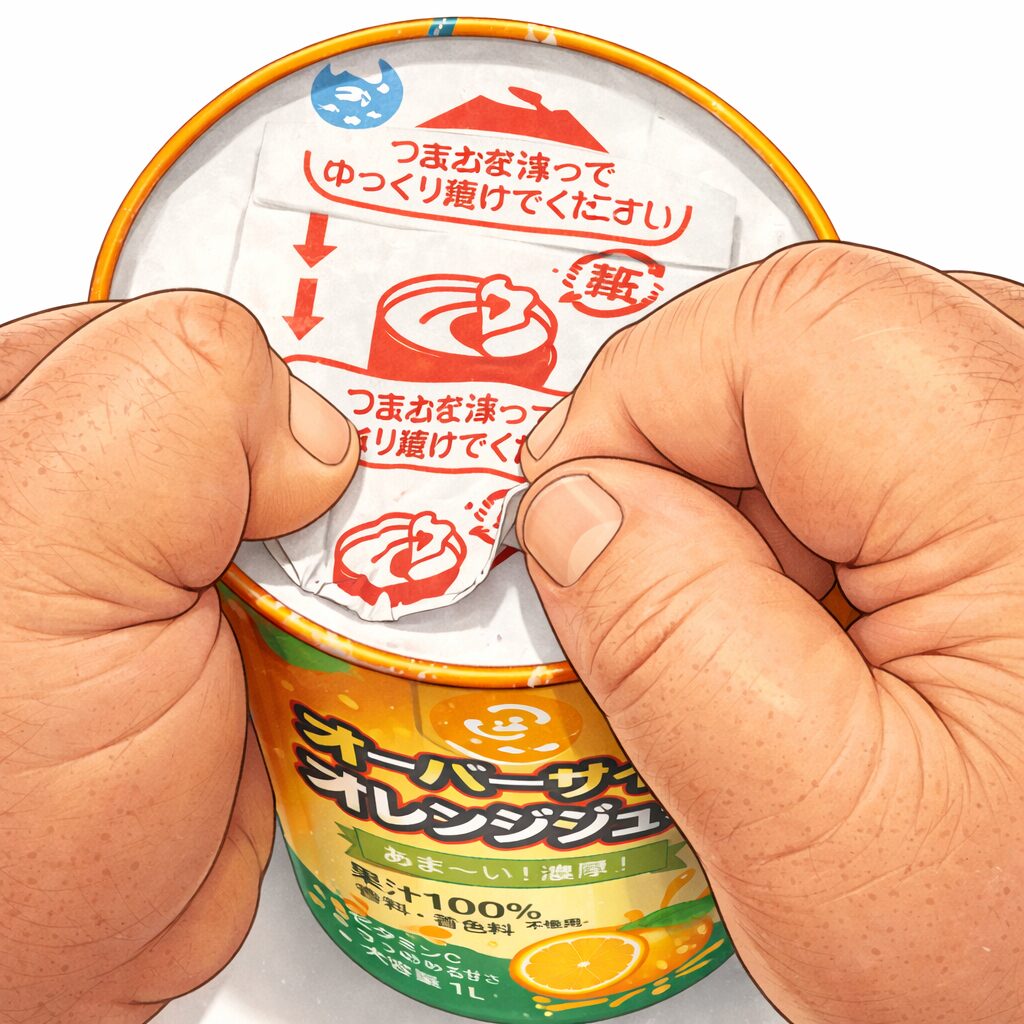 真上から見た円柱型のオレンジジュースの紙パック。ボウリングの穴に入らないほど太い指の男性が、紙のフタのつまみをめくろうとするが、指が大きすぎてうまくつかめず苦戦している様子。