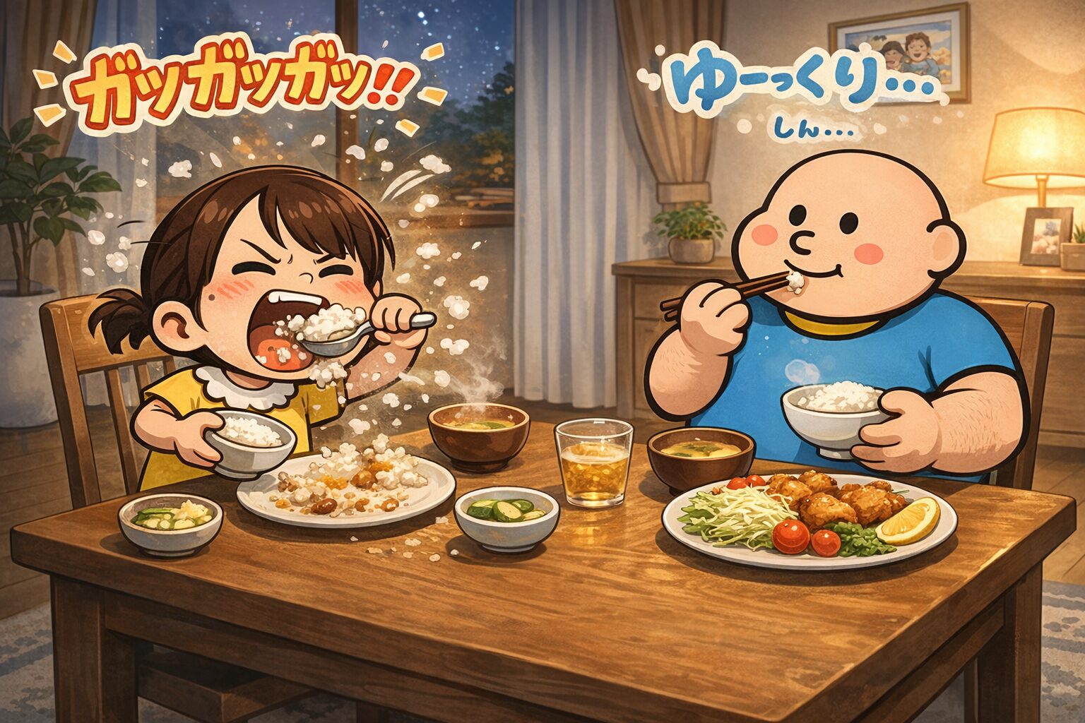 夜のリビングの食卓で、小柄な女性が勢いよくご飯をかき込み、おかずの皿がどんどん空になっている一方で、大柄な男性は少ない量の食事をゆっくり食べており、目の前のおかずがほとんど減っていない様子を対比的に描いたイラスト。