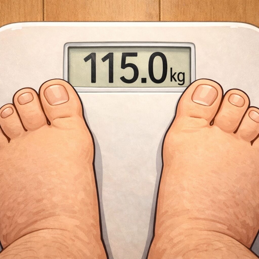 体重計の上に立つ大きな裸足の足を真上から見たイラスト。足のサイズが大きすぎて体重計からはみ出しており、表示部分には「115.0kg」と表示されている様子。