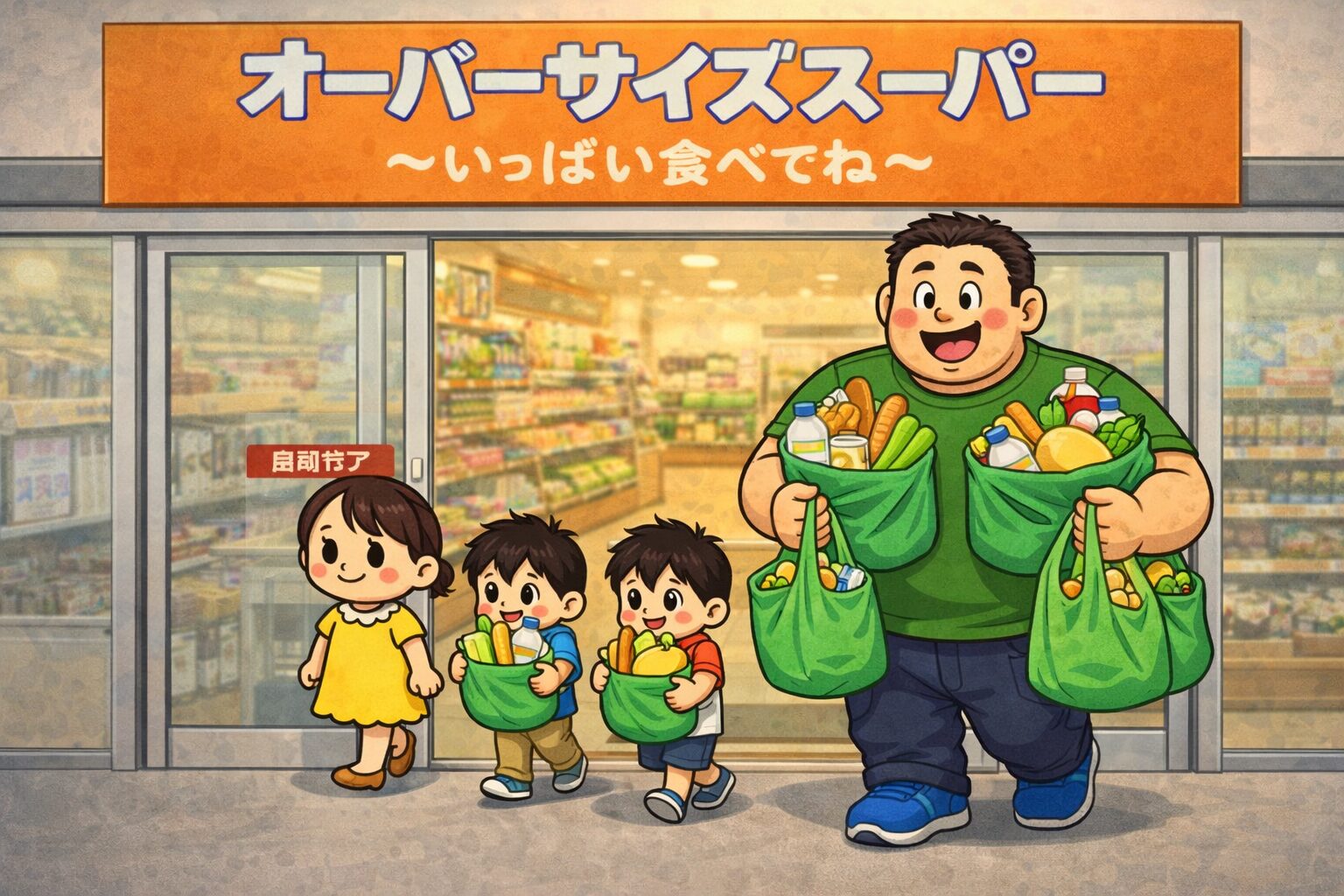 スーパーの自動ドアが開いた出入口から、家族4人が大量の食材を持って出てくる様子を描いたイラスト。小柄な母親は手ぶらで先を歩き、2人の男の子はエコバッグを1つずつ抱えてお手伝い。大柄な父親は両手にパンパンに詰まったエコバッグを複数持ち、満足そうな表情で後ろから歩いている。