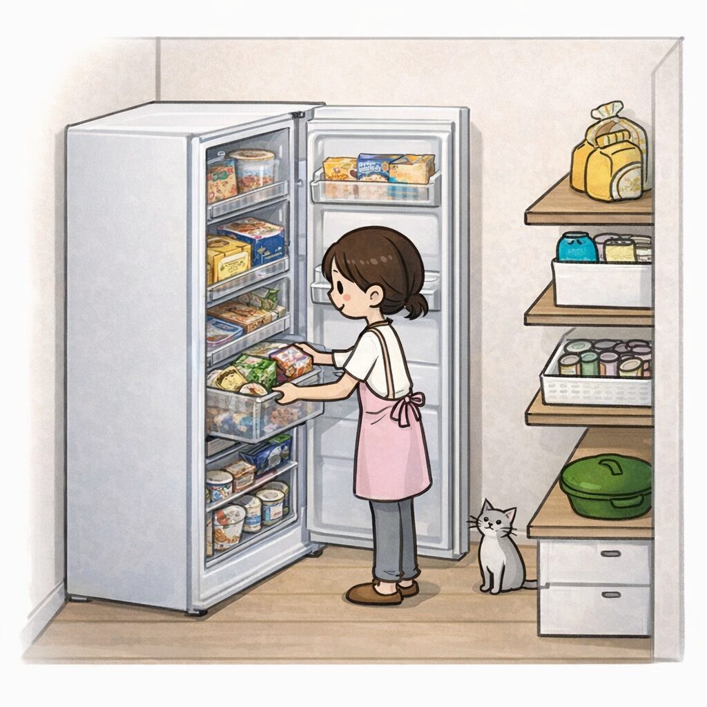 パントリーの中で、小柄な女性が扉を全開にした大型の冷凍庫から食材を取り出している様子を描いたイラスト。冷凍庫の中には食品がぎっしり詰まっており、周囲の棚にも食材が整然と並んでいる。足元には猫が座って見上げている。