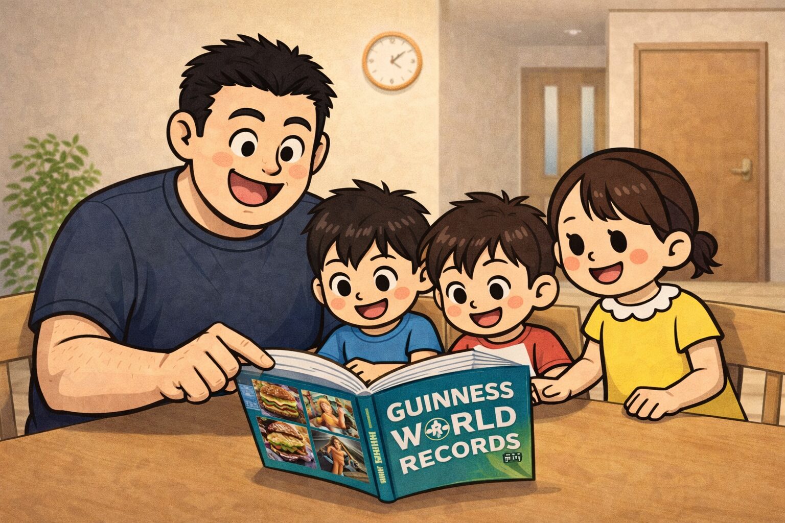 自宅のダイニングテーブルで、家族4人がギネスブックを囲んで楽しそうに見ているイラスト。細マッチョで高身長の父親が本を指さしながら説明し、小柄な母親と2人の男の子が笑顔でのぞき込んでいる様子。