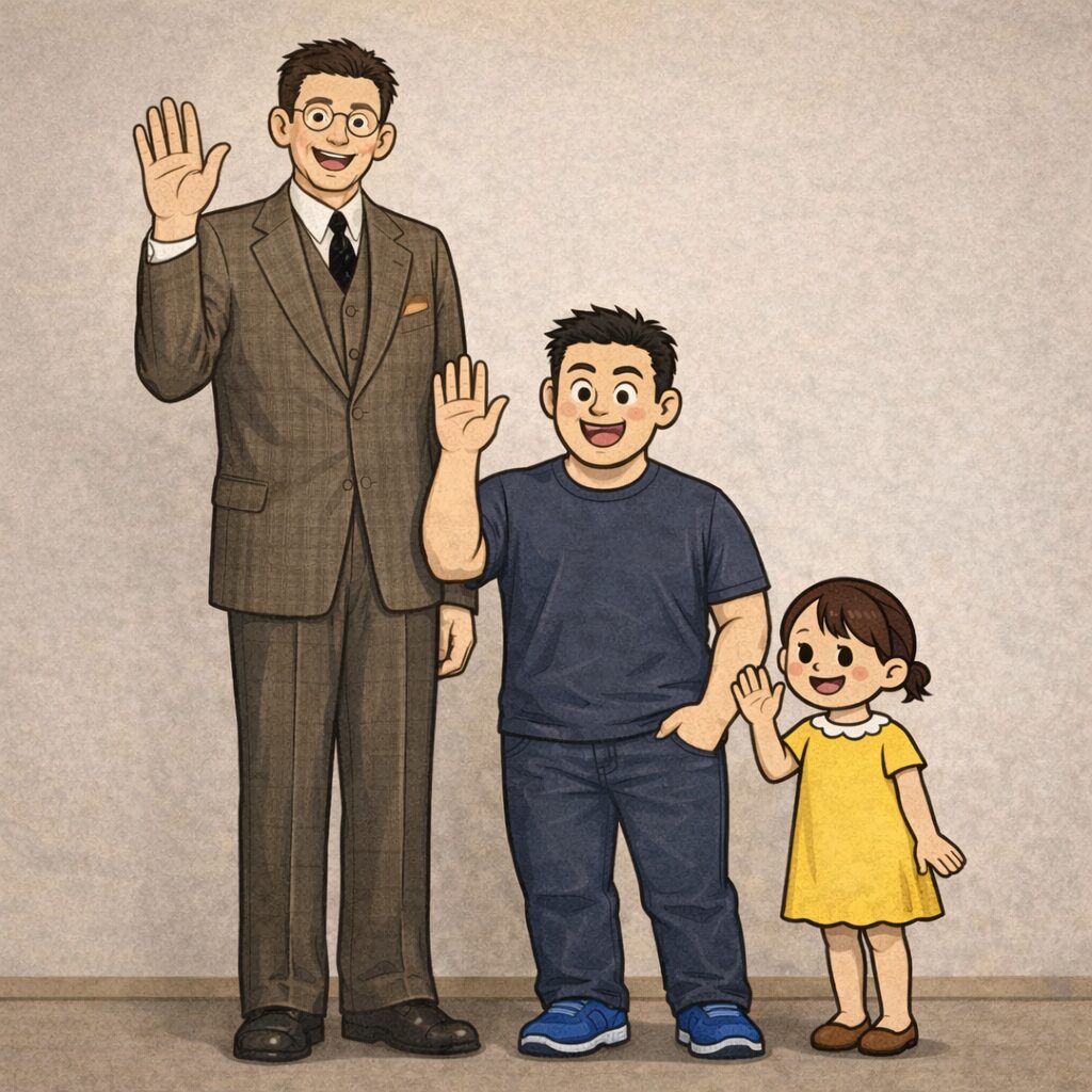 スーツ姿で非常に背の高い男性が中央の高身長の男性よりもさらに大きく、その隣に小柄な女性が並んで立っているイラスト。3人が笑顔でポーズをとっており、圧倒的な身長差が際立つ構図になっている。
