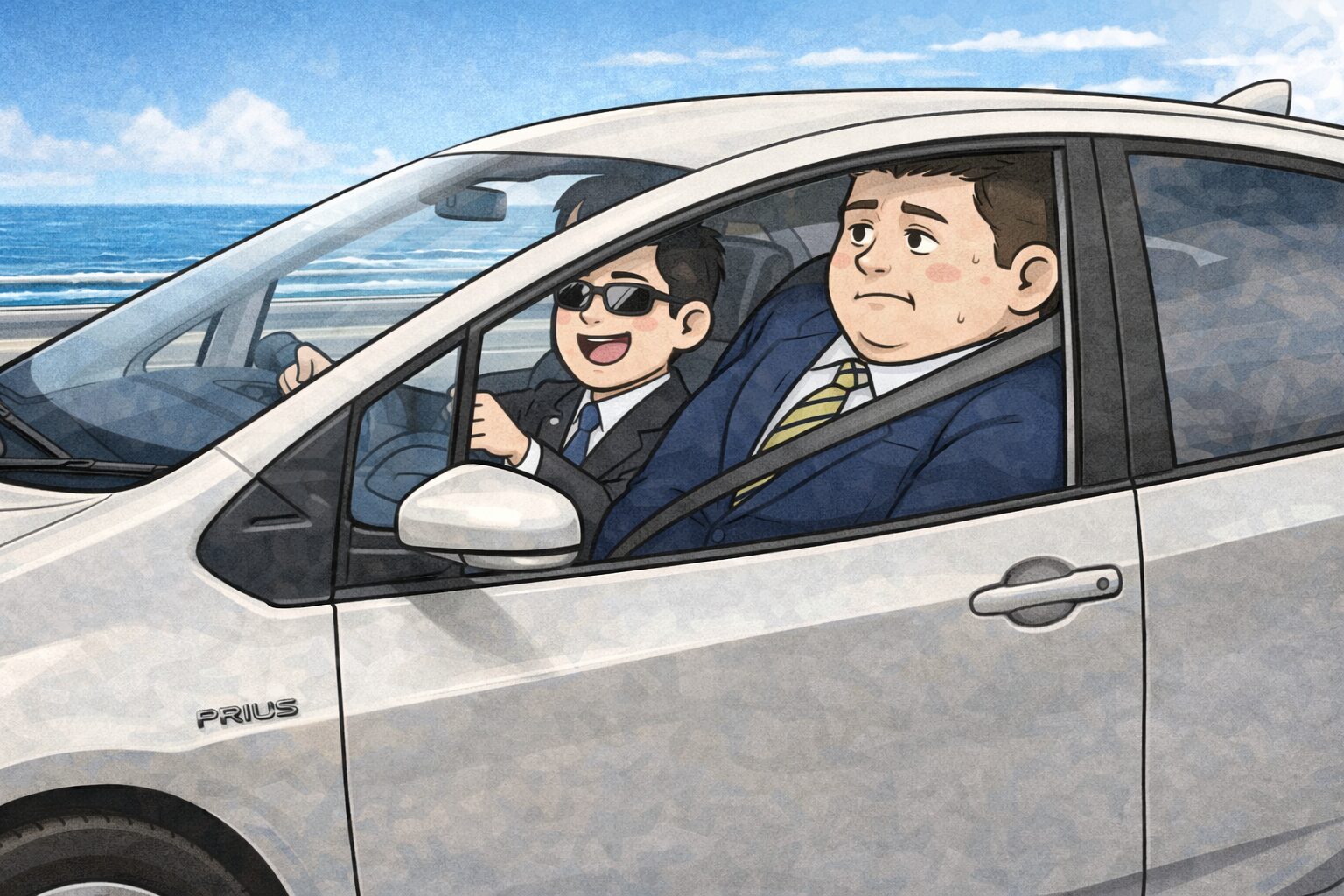 海沿いのハイウェイを走る車を外から見たイラスト。サングラスをかけた細身の男性が楽しそうに運転している一方で、助手席には大柄な男性が体をぎゅうぎゅうに押し込むように座っており、窮屈そうな表情をしている様子。