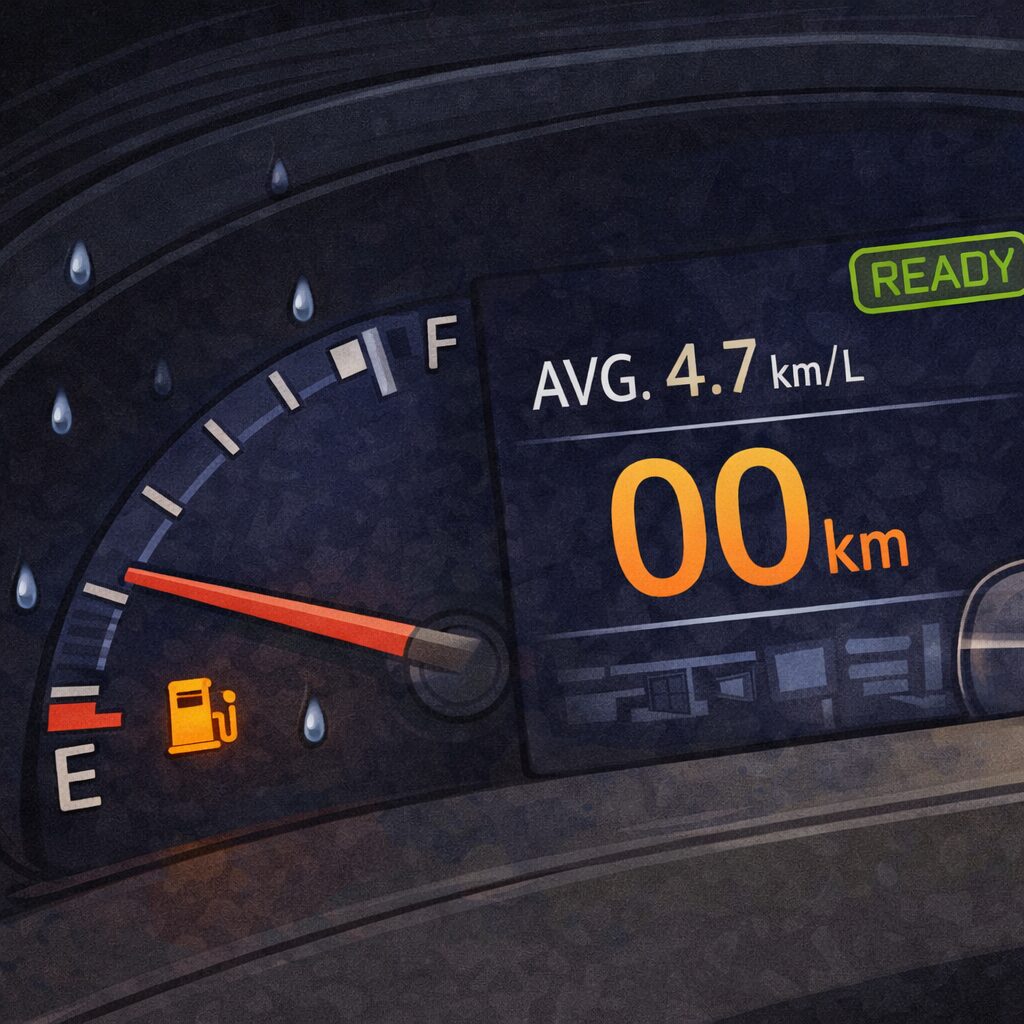 車の燃料メーターを拡大したイラスト。燃料の針がほぼ空の位置を指しており、警告ランプが点灯している。デジタル表示には走行可能距離がゼロに近い数値で表示されており、燃料が急激に減っている様子が強調されている。