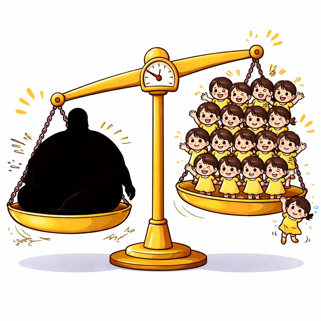 黒いシルエットの大きな体格の人物と、黄色い服のチーちゃん16人を天秤に乗せて体重を比較しているイラスト。チーちゃんが多数乗っている側よりも、シルエット側がわずかに下がっている様子。