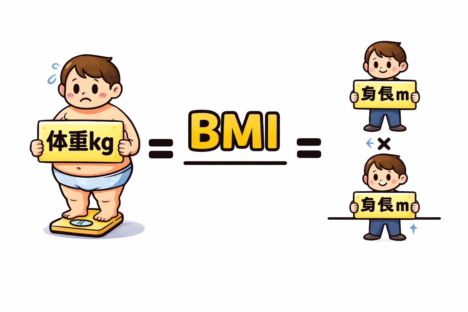 BMIの計算式をイラストで表現した画像。体重計に乗った人物が「体重kg」を持ち、右側には「身長m」と書かれた人物が2人いて、身長×身長で割ることでBMIを求める様子を分かりやすく示している。