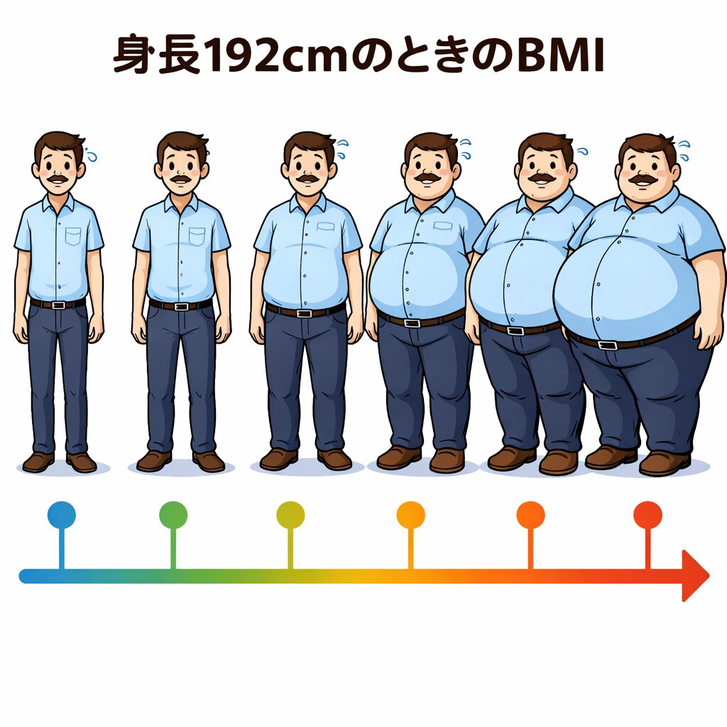 身長192cmの男性がBMIの違いによって体型が変化する様子を並べて示したイラスト。左から右に向かって体が細い状態から徐々に太くなり、最終的に大きな体格になるまでの変化が分かる。