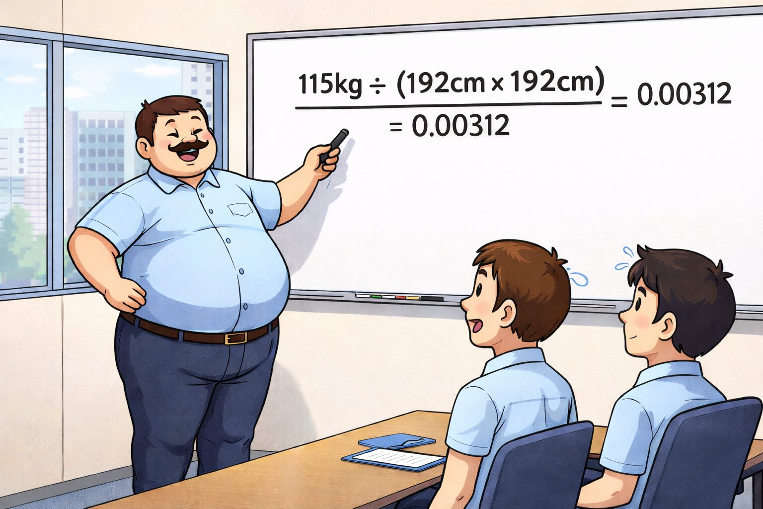 会社の会議室で、体格の大きい男性が白板に「115kg÷（192cm×192cm）＝0.00312」と書いて説明しているイラスト。自信満々な様子の男性と、それを見て驚く若い社員たちの様子が描かれている。