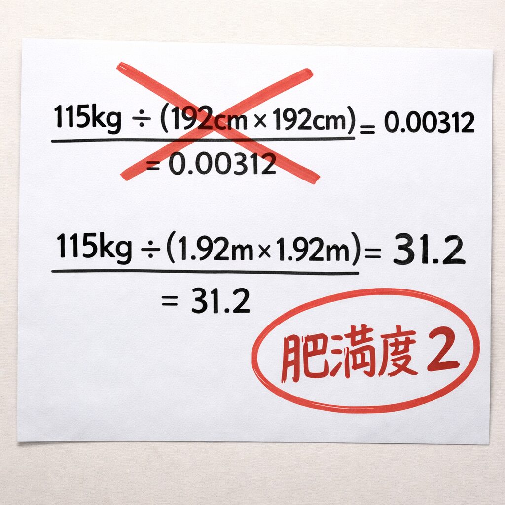 紙に書かれたBMIの計算式の比較イラスト。間違った「115kg÷（192cm×192cm）＝0.00312」は赤いバツで消され、正しい「115kg÷（1.92m×1.92m）＝31.2」が示され、「肥満度2」と赤い丸で強調されている。