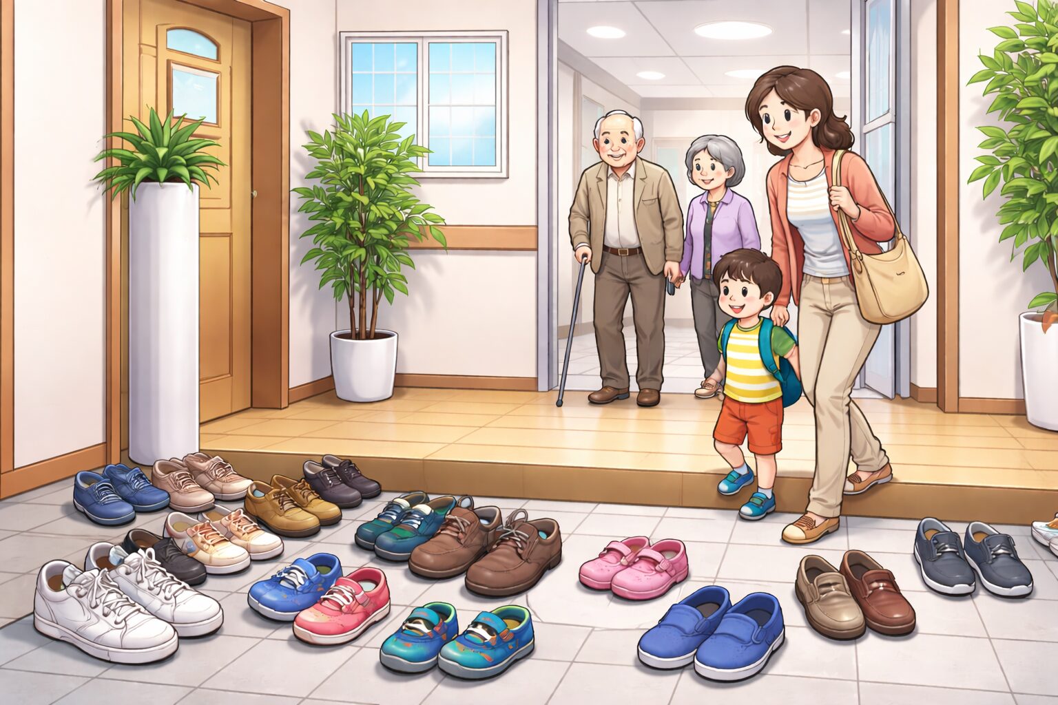 下駄箱がない個人病院の玄関で、脱いだ靴が床に並べられている様子のイラスト。小さめの靴が多く置かれており、お母さんと子ども、杖をついたおじいちゃんとおばあちゃんが入口から入ってくる場面が描かれている。