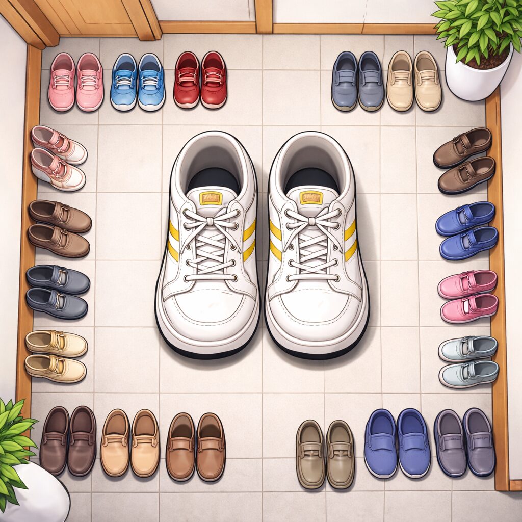 病院の玄関を真上から見たイラスト。壁際には小さな子どもや高齢者の靴が整然と並べられている一方、中央には大きなサイズの靴が2足だけ置かれており、周囲と比べて目立っている様子が描かれている。