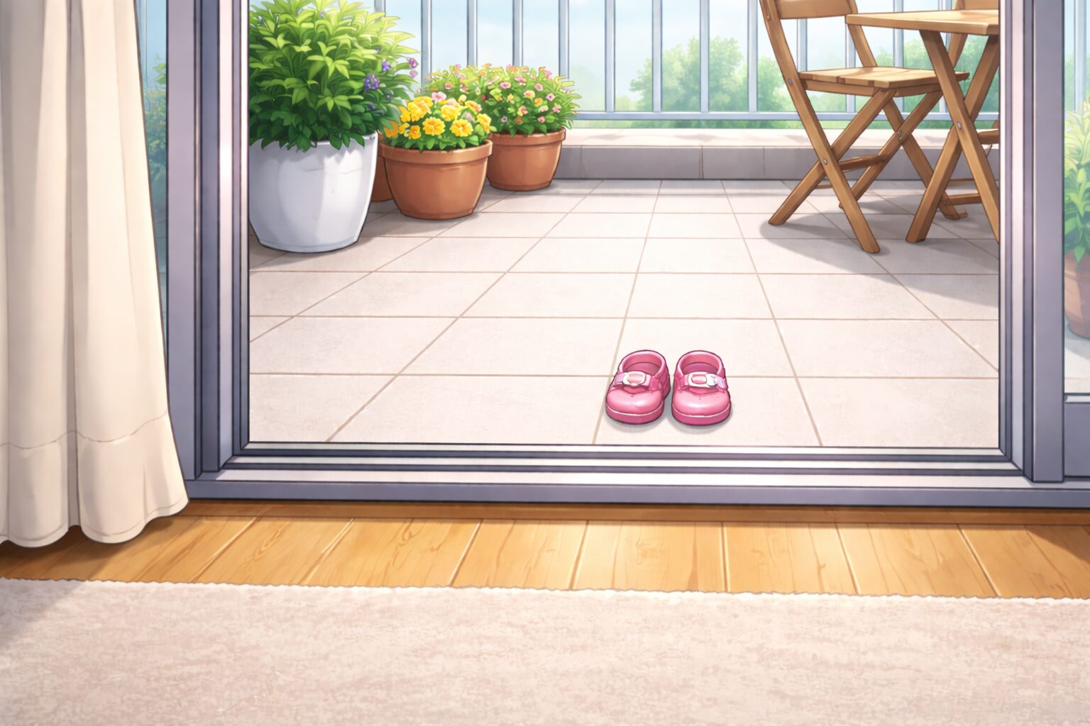 家の2階のベランダに出る掃き出し窓の前に、小さなピンク色のサンダルが2足だけ置かれているイラスト。周囲は植物やベランダの椅子があり、通常サイズの空間の中でサンダルの小ささが際立っている。