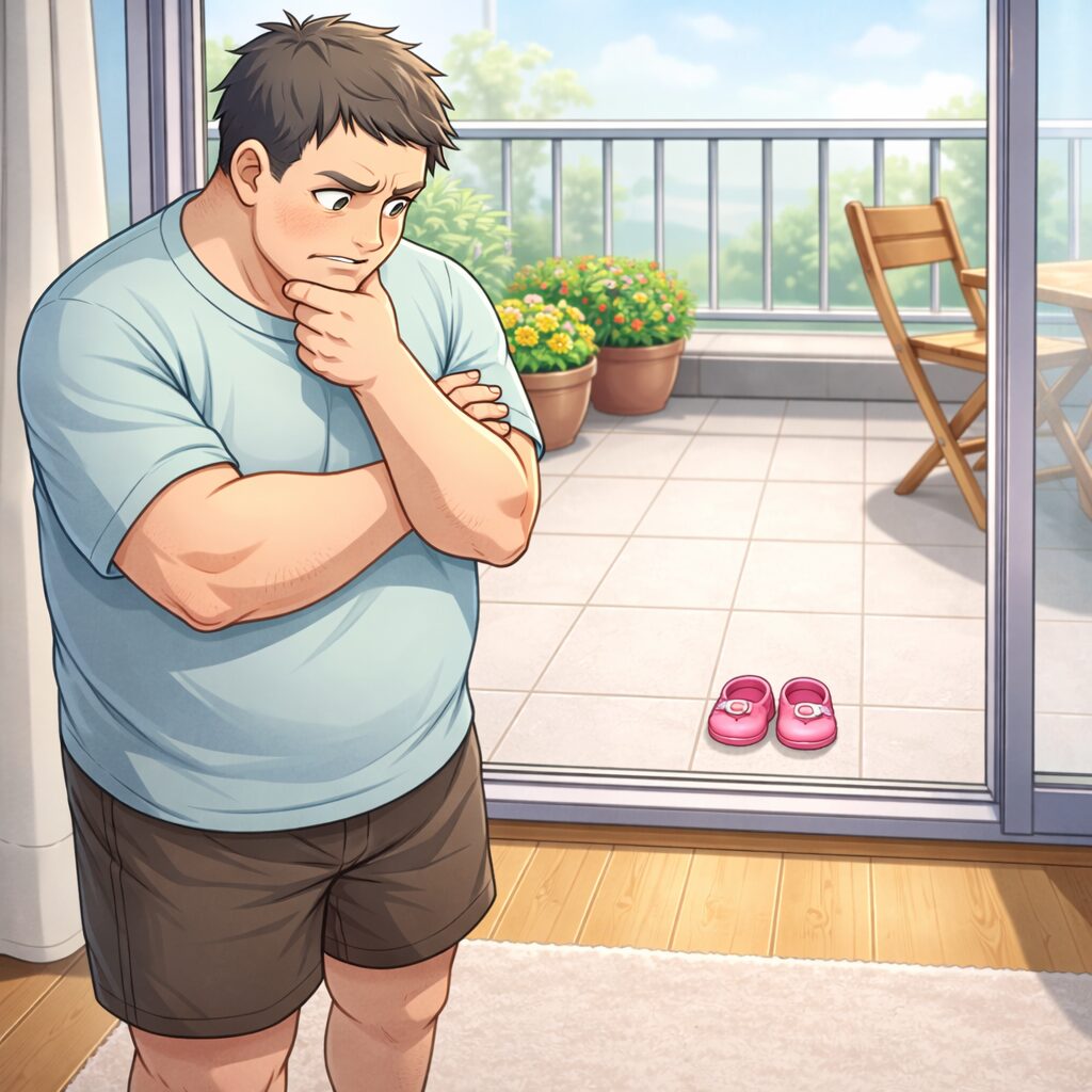 ベランダに出ようとした体格の大きい男性が、床に置かれた小さなピンクのサンダルを見て考え込んでいるイラスト。サンダルは明らかにサイズが合わず、履けないことが一目で分かる様子が描かれている。