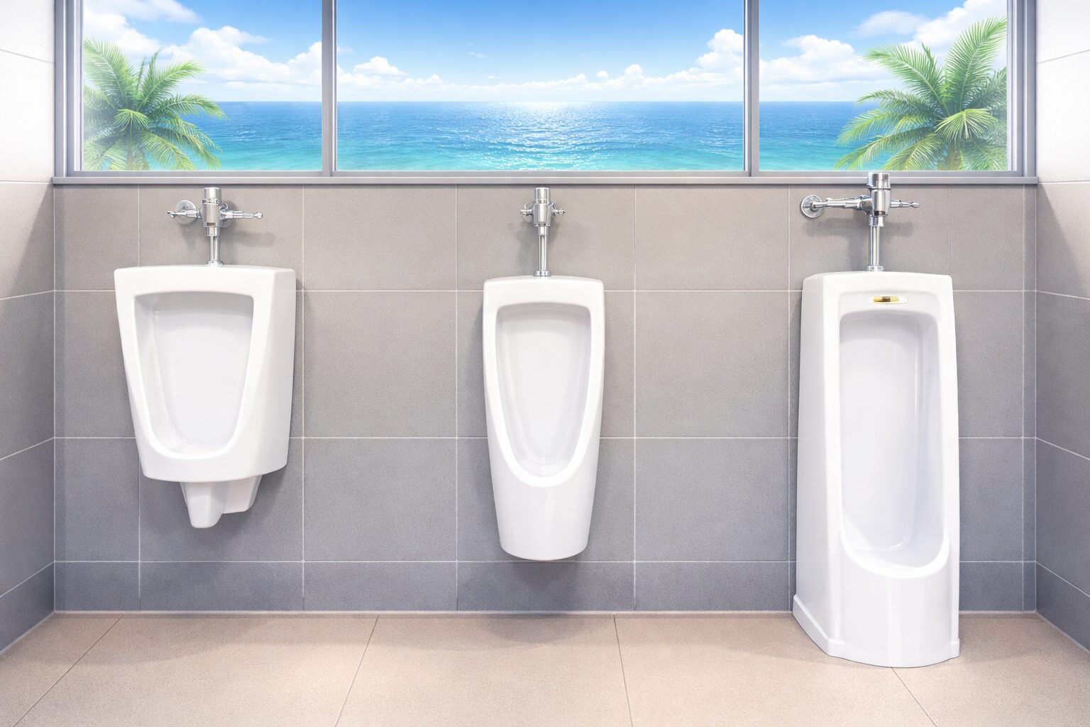 壁の上半分がガラス張りになったトイレに、形の異なる3種類の小便器が並んでいるイラスト。窓の外には青い海と空が広がり、開放感のある空間が描かれている。