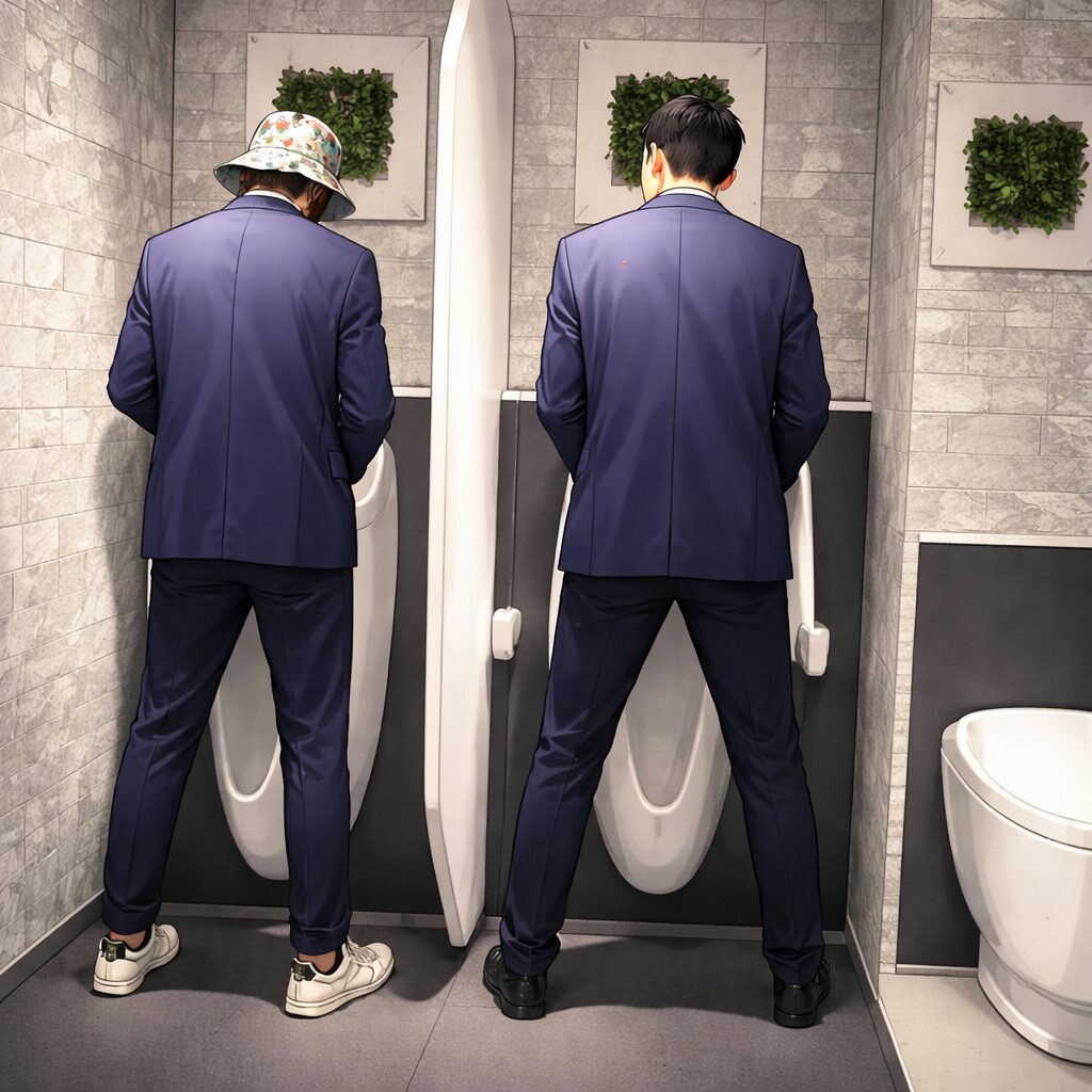 二人の男の人が小便器の前で足を広げるタイプか、膝を曲げるタイプか。高さ調整をしている絵