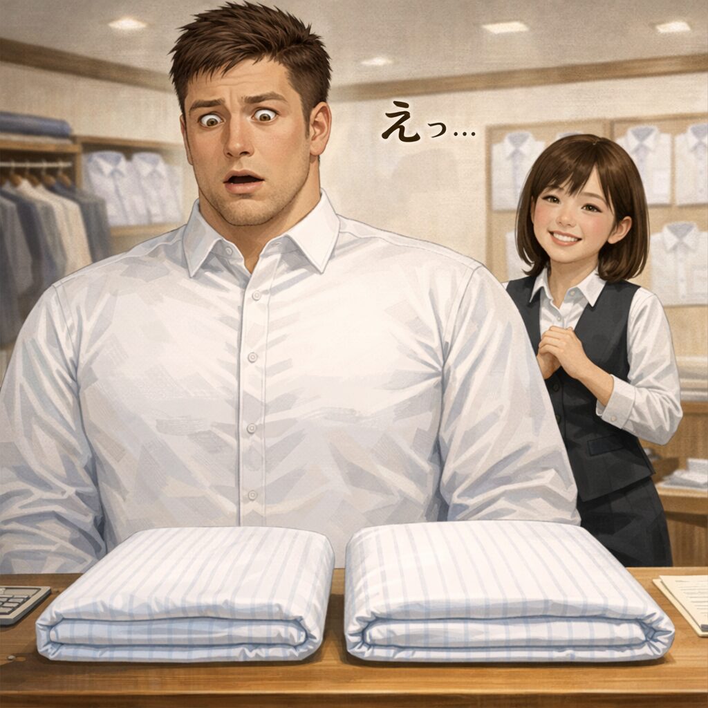 オーダーワイシャツ店で、大柄な男性が机の上に並べられた同じ生地2つを見て驚いている様子。背後では女性店員が笑顔で対応している。