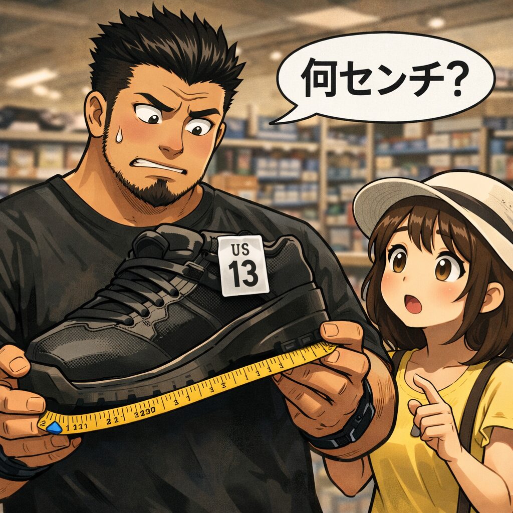 アメリカの靴屋で「US13」のスニーカーを手に持ち、メジャーで長さを測りながら「何センチ?」と疑問に思う大柄な男性と、小柄な女性が驚いて見ている様子。
