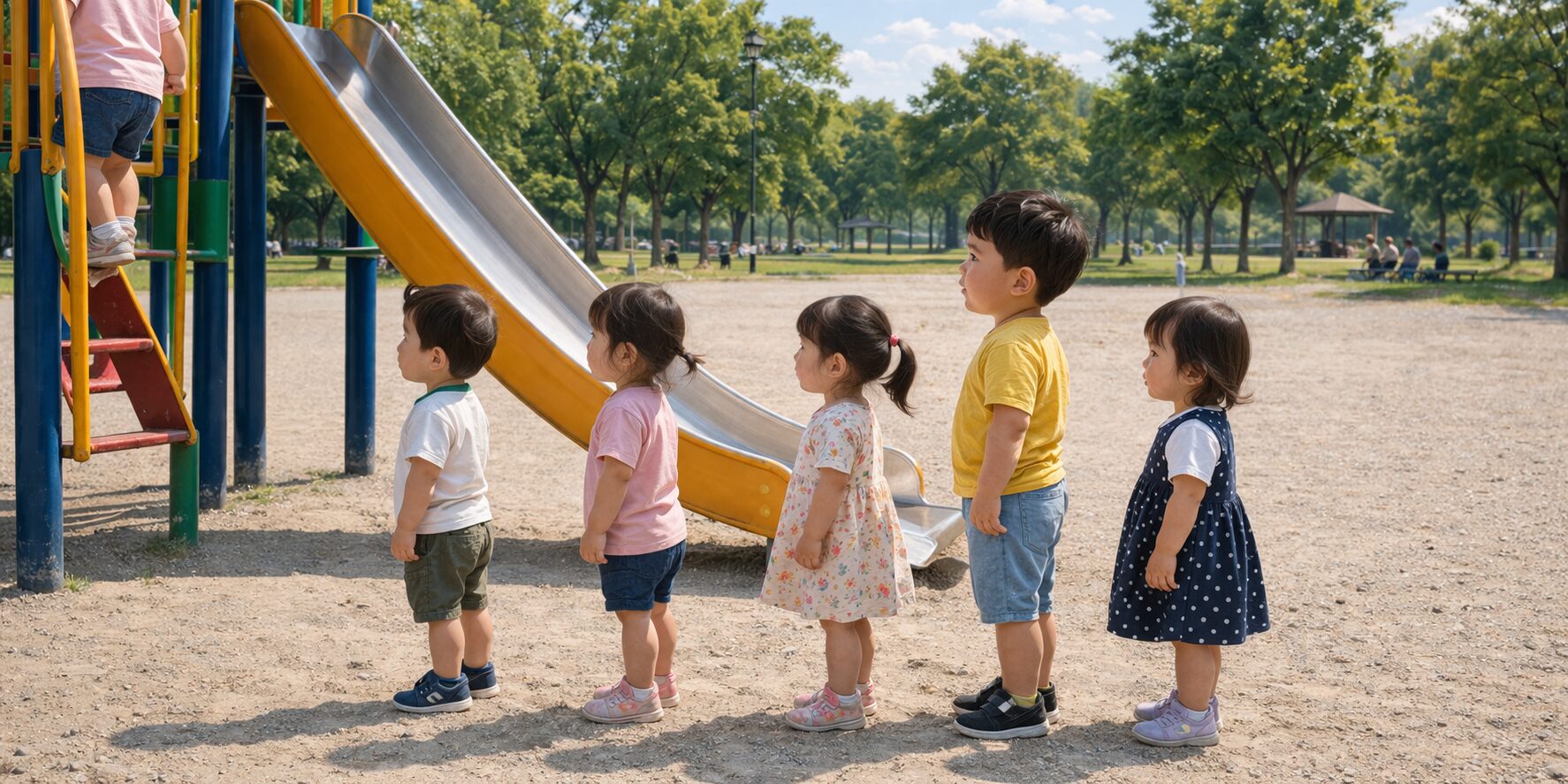 公園の滑り台に並ぶ2歳前後の子どもたちの列の中で、一人だけ頭一つ分背が高く、体格の大きさが際立つ男の子が順番待ちをしている様子