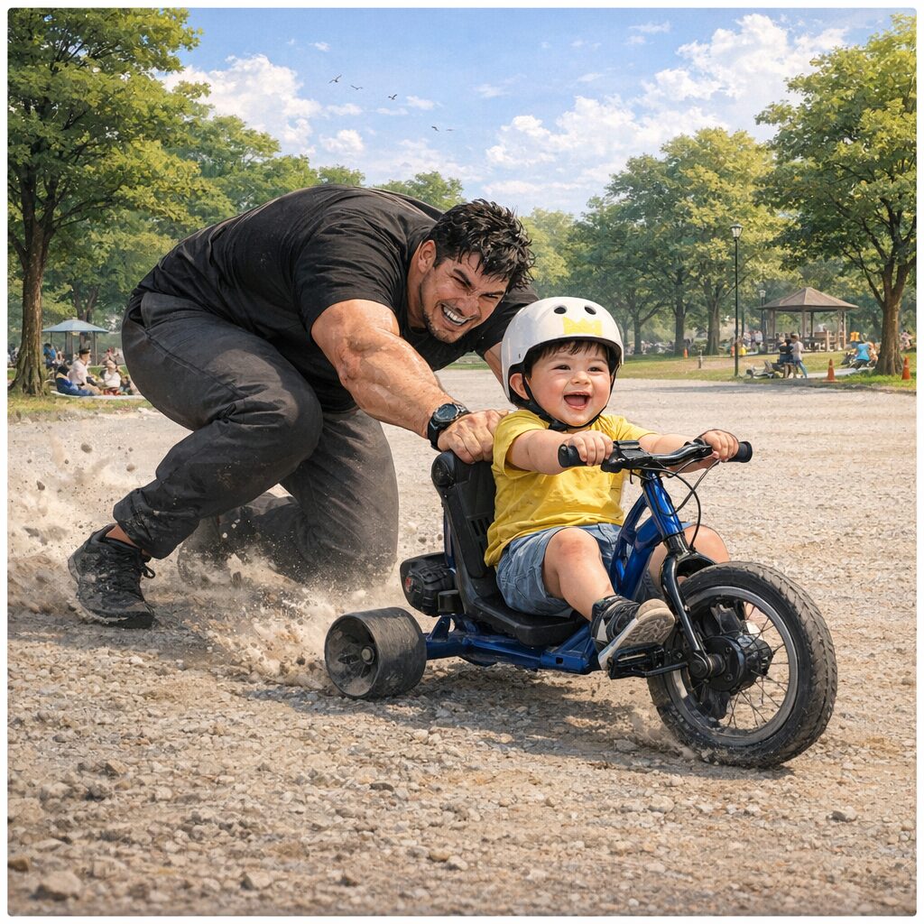 広い公園の砂利広場で、三輪車に乗る大きめの2歳の男の子の後ろから、体をくの字に曲げた大柄な父親が必死に漕いでサポートしている様子
