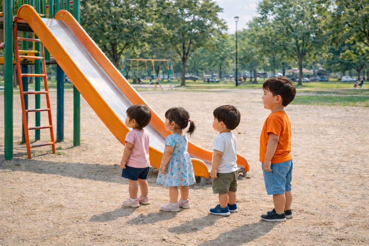 公園の滑り台に順番待ちで並ぶ2歳児たちの列の中で、オレンジ色のシャツを着た男の子が他の子より頭一つ以上高く、体格の違いが際立っている様子